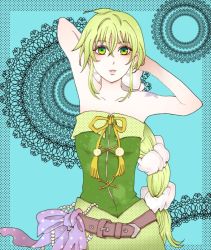 Rule 34 | 1girl, bare shoulders, belt, bow, breasts, commentary request, green eyes, green hair, hair ribbon, long hair, looking at viewer, millipen (medium), multi-tied hair, open mouth, ponytail, ribbon, saga, saga frontier 2, traditional media, very long hair, virginia knights, yoshinamiuijin
