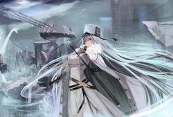 Rule 34 | 1girl, absurdres, azur lane, bad id, bad pixiv id, belt, black gloves, breasts, buttons, coat, coat dress, double-breasted, fur-trimmed coat, fur trim, gloves, hat, high collar, highres, holding, holding scepter, huge filesize, ice, large breasts, long hair, looking at viewer, maca . p, military hat, red eyes, scepter, silver hair, solo, sovetskaya rossiya (azur lane), turret, very long hair, white coat, white hat