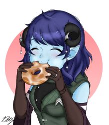 Rule 34 | 1girl, artist name, blue hair, blue skin, blush, breasts, chewing, closed eyes, coat, colored skin, critical role, curled horns, doughnut, draconety, dungeons &amp; dragons, eating, elbow gloves, food, freckles, gloves, highres, holding, horn ornament, horns, jacket, jester (critical role), jewelry, military jacket, pointy ears, ring, short hair, signature, simple background, solo, swept bangs, tiefling, watermark