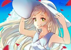 Rule 34 | 1girl, arms up, blonde hair, braid, cloud, collarbone, commentary request, creatures (company), day, dress, eyelashes, game freak, green eyes, hands on headwear, hat, highres, himeno yuka, lillie (pokemon), long hair, looking at viewer, nintendo, outdoors, parted lips, petals, pokemon, pokemon sm, sky, sleeveless, sleeveless dress, solo, sun hat, twin braids, white dress, white hat
