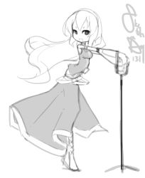 Rule 34 | 1girl, bare shoulders, boots, cross-laced footwear, detached sleeves, eu03, greyscale, hairband, halterneck, lace-up boots, long hair, megurine luka, microphone, microphone stand, monochrome, sketch, solo, vocaloid
