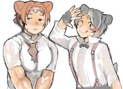 Rule 34 | 2boys, :q, ;q, absurdres, animal ears, arm at side, arm up, bad id, bad twitter id, bear ears, bergman&#039;s bear (kemono friends), black gloves, bow, bowtie, brown hair, buttons, collared shirt, extra ears, ezo brown bear (kemono friends), fingerless gloves, genderswap, genderswap (ftm), gloves, grey hair, half-closed eyes, headband, highres, igarashi (nogiheta), kemono friends, light brown hair, long sleeves, looking at viewer, looking to the side, male focus, mature male, multicolored hair, multiple boys, muscular, muscular male, necktie, one eye closed, outstretched hand, pectorals, shirt, short hair, short sleeves, simple background, sketch, smile, spread fingers, suspenders, tongue, tongue out, two-tone hair, upper body, white background, white shirt
