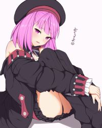 Rule 34 | 1girl, bad id, bad twitter id, bare shoulders, blush, fate/grand order, fate (series), hat, helena blavatsky (fate), helena blavatsky (third ascension) (fate), ito (silk9f), looking at viewer, open mouth, panties, pantyshot, purple eyes, purple hair, short hair, smile, solo, thighhighs, underwear