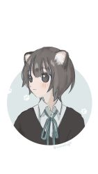 Rule 34 | 1girl, animal ear fluff, animal ears, blush, brown eyes, brown hair, closed mouth, dot nose, green ribbon, grey background, hamafugu, highres, original, paw print, paw print background, ribbon, short hair, simple background, solo, twitter username, upper body