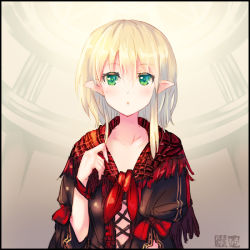 Rule 34 | 1girl, blonde hair, border, fantasy, gradient background, green eyes, long hair, looking at viewer, original, pointy ears, shawl, short hair, signature, solo, tokiame, upper body
