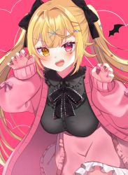 Rule 34 | 1girl, absurdres, black bow, black shirt, blonde hair, bow, breasts, claw pose, collar, collared shirt, frilled collar, frills, hair bow, heterochromia, highres, hoshikawa sara, kakyoxx, leaning forward, medium breasts, nijisanji, pink skirt, pink sweater, red eyes, shirt, skirt, smile, solo, sweater, twintails, v-shaped eyebrows, vampire (vocaloid), virtual youtuber, vocaloid, yellow eyes