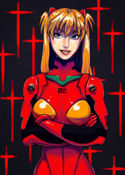 Rule 34 | 1girl, black background, blue eyes, bodysuit, bracer, cross, crossed arms, crystal graziano, gloves, grin, hair ornament, lips, lipstick, long hair, looking to the side, makeup, narrow waist, neon genesis evangelion, orange hair, pilot suit, plugsuit, red lips, smile, solo, souryuu asuka langley, turtleneck, twintails, two side up, upper body