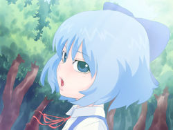 Rule 34 | 1girl, blue hair, chimosaku, cirno, female focus, forest, nature, outdoors, plant, ribbon, solo, embodiment of scarlet devil, touhou