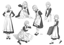 Rule 34 | 1boy, alternate costume, apron, arms behind back, artist name, blush, bob cut, bow, bowtie, cleaning, commentary, crossdressing, crossed bangs, eika127, english commentary, enmaided, flying sweatdrops, frilled apron, frills, greyscale, hand up, head rest, highres, holding, holding rag, holding suitcase, honebami toushirou, kneeling, long sleeves, looking ahead, looking at viewer, looking down, looking to the side, maid, male focus, mary janes, monochrome, multiple views, own hands together, profile, rag, shoes, short hair, sigh, simple background, sitting, skirt hold, socks, standing, suitcase, thinking, touken ranbu, trap, v arms, walking, wiping, wiping sweat, yokozuwari