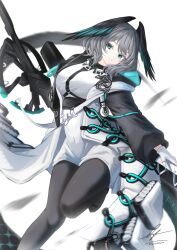 Rule 34 | 1girl, absurdres, arknights, artist name, black feathers, black footwear, black pantyhose, black wings, blue feathers, blue wings, breasts, coat, commentary request, dress, feathered wings, feathers, fingerless gloves, gloves, green eyes, grey hair, head wings, highres, ho&#039;olheyak (arknights), infection monitor (arknights), large breasts, long coat, long hair, long sleeves, long tail, looking at viewer, open clothes, open coat, pantyhose, parted lips, pencil dress, simple background, smile, snake tail, solo, staff, tail, two-tone wings, unitaka, white background, white dress, white gloves, wings