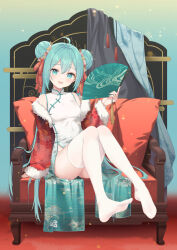 Rule 34 | 1girl, :d, absurdres, ahoge, alternate hairstyle, aqua background, aqua dress, aqua eyes, aqua hair, armchair, ass, bare shoulders, breasts, chair, china dress, chinese clothes, chinese commentary, chinese new year, commentary, cushion, double bun, dress, english commentary, feet up, floral print, flower, flower wreath, folding fan, full body, fur-trimmed jacket, fur-trimmed sleeves, fur trim, gradient background, green background, groin, hair bun, hair flower, hair ornament, hair ribbon, hand fan, hand up, hatsune miku, highres, holding, holding fan, jacket, knees up, light particles, long hair, looking at viewer, mao shi shisan, medium breasts, mixed-language commentary, no shoes, off shoulder, open clothes, open jacket, open mouth, pelvic curtain, pillow, print jacket, red background, red jacket, red ribbon, ribbon, sitting, sleeveless, sleeveless dress, small breasts, smile, solo, tassel, thighhighs, toggles, twintails, two-tone dress, very long hair, vocaloid, white dress, white thighhighs, yellow background