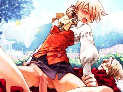 Rule 34 | 1boy, 1girl, blonde hair, blush, breasts, bug, butterfly, clothed sex, clothes lift, cum, cum in pussy, day, closed eyes, field, flower, flower field, game cg, girl on top, glasses, hetero, insect, lying, mariella grandback, on back, ooyari ashito, open mouth, outdoors, penis, pussy, reverse cowgirl position, sex, sex from behind, short hair, shoujo mahou gaku littlewitch romanesque, skirt, skirt lift, small breasts, straddling, sweat, sweatdrop, teeth, uncensored, vaginal, wince
