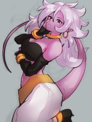 Rule 34 | 1girl, android 21, bracelet, breasts, choker, cleavage, colored skin, dragon ball, dragon ball fighterz, earrings, grey background, hoop earrings, jewelry, kemachiku, long hair, looking at viewer, majin android 21, medium breasts, midriff, pink skin, pointy ears, red eyes, simple background, solo, tail, white hair, yellow choker