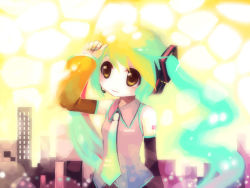 Rule 34 | 1girl, alternate eye color, arm at side, blurry, blush, bokeh, building, city, closed mouth, collared shirt, depth of field, detached sleeves, grey shirt, hair ornament, hand on own head, hatsune miku, headphones, headset, long hair, microphone, necktie, nishiki koi, outdoors, shirt, skirt, solo, tattoo, twintails, upper body, very long hair, vocaloid, yellow eyes