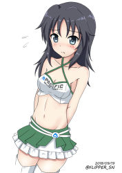 Rule 34 | 10s, 1girl, arms behind back, bare shoulders, black hair, blue eyes, blush, breasts, cleavage, closed mouth, collarbone, criss-cross halter, crop top, dated, dutch angle, flipper, flying sweatdrops, girls und panzer, green skirt, groin, hair between eyes, halterneck, long hair, medium breasts, midriff, navel, parted bangs, pleated skirt, simple background, skirt, solo, thighhighs, twitter username, white background, white thighhighs, yamagou ayumi