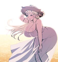 Rule 34 | 1girl, ass, backlighting, bent over, blush, breasts, brown hat, cleavage, collarbone, dress, elf-san wa yaserarenai., erufuda-san, floating hair, green eyes, grey dress, hair behind ear, hat, huge breasts, large breasts, long hair, looking to the side, parted lips, plump, pointy ears, smile, solo, straw hat, sweat, synecdoche