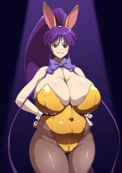 Rule 34 | bow, bowtie, breasts, cameltoe, cleavage, cleft of venus, eiken, fishnets, grin, hands on own hips, highres, huge breasts, impossible clothes, leotard, long hair, misono kirika, navel, playboy bunny, ponytail, purple eyes, purple hair, rabbit ears, shiny skin, sidelocks, skin tight, smile, suphesol, thick thighs, thighs, very long hair, wrist cuffs, yellow bunny ears