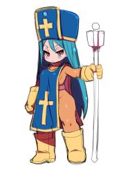 Rule 34 | 1girl, absurdres, aqua hair, blue hat, blue tabard, bodysuit, boots, dragon quest, dragon quest iii, full body, hat, highres, holding, holding staff, long hair, looking at viewer, mace, mitre, orange bodysuit, priest (dq3), red eyes, simple background, solo, staff, standing, tabard, weapon, white background, yellow footwear, zankuro