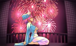 Rule 34 | 1girl, architecture, breasts, east asian architecture, closed eyes, fireworks, from side, hat, highres, japanese clothes, japanese house, kimono, large breasts, mob cap, open clothes, open kimono, pink hair, saigyouji yuyuko, seiza, sitting, solo, touhou, triangular headpiece, underboob, zuttokodomo