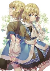 Rule 34 | 2girls, arm warmers, bad id, bad twitter id, blonde hair, blush, brown dress, doppelganger, dress, evil smile, flower, green eyes, hand up, highres, holding hands, looking at viewer, misha (hoongju), mizuhashi parsee, multiple girls, pointy ears, sash, scarf, smile, touhou, wavy hair, white background