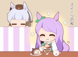 Rule 34 | 2girls, :t, ^ ^, animal ears, blush stickers, bow, brown background, brown headwear, cake, chibi, closed eyes, closed mouth, cup, dress, ear bow, ear covers, ear ribbon, eating, facing viewer, food, gold ship (umamusume), gomashio (goma feet), green dress, green ribbon, grey hair, hand on own face, hands up, hat, holding, holding spoon, horse ears, horse girl, horse tail, long hair, long sleeves, mejiro mcqueen (umamusume), mini hat, multiple girls, parfait, purple bow, purple hair, ribbon, shirt, simple background, spoon, swept bangs, swiss roll, tail, translation request, umamusume, wavy mouth, white shirt