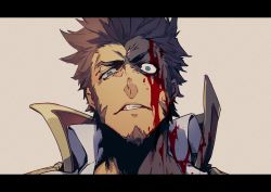Rule 34 | 1boy, angry, beard, blood, blood on clothes, blood on face, blood splatter, blue eyes, brown hair, close-up, eye focus, facial hair, fate/grand order, fate (series), highres, letterboxed, long sideburns, looking at viewer, male focus, manly, napoleon bonaparte (fate), ogata tomio, portrait, sad, sideburns, simple background, solo, teeth