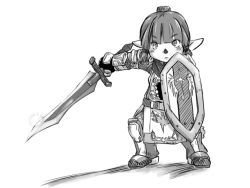 Rule 34 | 00s, androgynous, fighting stance, final fantasy, final fantasy xi, full body, gender request, greyscale, holding, holding sword, holding weapon, loincloth, looking at viewer, monochrome, shield, simple background, solo, standing, sword, tarutaru, unsheathed, weapon, white background