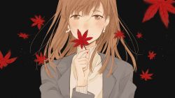 Rule 34 | 1girl, autumn leaves, black background, blazer, blush, brown eyes, brown hair, earrings, falling leaves, highres, hinao (flowerrabbit2348), holding, holding leaf, jacket, jewelry, leaf, long hair, looking at viewer, open clothes, open jacket, original, simple background, smile, solo, sweater, turtleneck, upper body