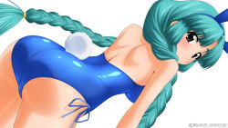 Rule 34 | 1girl, absurdres, aqua hair, ass, blue leotard, blush, braid, breasts, canal vorfeed, cleavage, cowboy shot, detached collar, detached sleeves, facial mark, forehead mark, green hair, highres, large breasts, leotard, long hair, looking at viewer, looking back, lost universe, playboy bunny, purple eyes, rabbit girl, rabbit tail, shiny clothes, shiny skin, simple background, smile, solo, sugimura tomokazu, tail, twin braids, white background