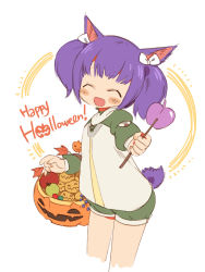 Rule 34 | 1girl, animal ears, blush stickers, bow, cat ears, cat tail, closed eyes, final fantasy, final fantasy xiv, hair bow, happy halloween, jack-o&#039;-lantern, mao yu, miqo&#039;te, open mouth, purple hair, short hair, shorts, simple background, solo, standing, tail, warrior of light (ff14)