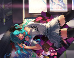 Rule 34 | 1girl, aqua eyes, aqua hair, cake, catwyz, food, hatsune miku, lips, lipstick, long hair, looking at viewer, makeup, open mouth, pastry, solo, thighhighs, twintails, vocaloid, world is mine (vocaloid), zettai ryouiki