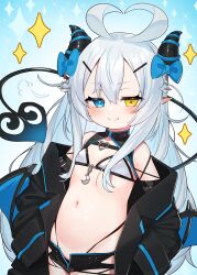 Rule 34 | 1girl, absurdres, akugaki koa, antenna hair, bare shoulders, bikini, black jacket, black shorts, blue background, blue bow, blue eyes, blush, bow, breasts, closed mouth, commentary request, crescent, demon girl, demon horns, demon tail, fang, fang out, grey hair, hair between eyes, hair ornament, hairclip, heterochromia, highres, horn bow, horn ornament, horns, idol corp, jacket, long hair, looking at viewer, navel, off shoulder, open clothes, open fly, open jacket, open shorts, pointy ears, short shorts, shorts, small breasts, smile, smug, solo, sparkle, sparkle background, swimsuit, tail, tsukiman, very long hair, virtual youtuber, white bikini, yellow eyes