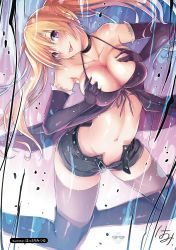 Rule 34 | 10s, 1girl, :p, blonde hair, breast hold, breasts, cleavage, downpants, female focus, hattori mitsuru, highres, large breasts, lieselotte sherlock, long hair, open fly, purple eyes, grabbing own breast, shorts, solo, thighhighs, tongue, tongue out, trinity seven, watermark, wet