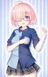 Rule 34 | 1girl, black skirt, blouse, blue shirt, blush, breasts, fate/grand order, fate (series), glasses, hair over one eye, highres, lawson, looking at viewer, mash kyrielight, medium breasts, open mouth, pink hair, purple eyes, shirt, short hair, short sleeves, skirt, smile, solo, umitonakai