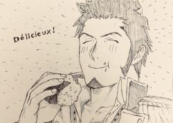 Rule 34 | 1boy, beard, blush, closed eyes, collared jacket, eating, epaulettes, facial hair, fate/grand order, fate (series), food, food on face, greyscale, holding, holding food, jacket, long sideburns, long sleeves, male focus, monochrome, napoleon bonaparte (fate), niichi21, onigiri, portrait, rice, rice on face, sideburns, simple background, sketch, smile, solo, uniform