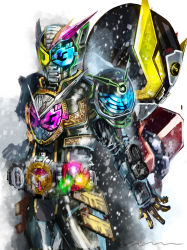 Rule 34 | 3boys, absurdres, armor, blue eyes, book, clenched hand, driver (kamen rider), fusion, gold armor, green armor, highres, kamen rider, kamen rider geiz, kamen rider woz, kamen rider zi-o, kamen rider zi-o (series), kamen rider zi-o trinity, looking at viewer, male focus, mask, multiple boys, open hand, pink eyes, red armor, rider belt, trinity riderwatch, weapon, white background, yellow eyes, yygnzm, ziku driver