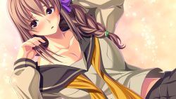 Rule 34 | 1girl, aotonbo, black eyes, blush, braid, breasts, brown hair, cleavage, female focus, game cg, large breasts, long hair, looking at viewer, ohanabatakerun, open mouth, school uniform, simple background, single braid, skirt, solo, upper body, xx of the dead