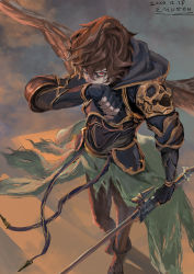 Rule 34 | 1boy, armor, black gloves, breastplate, brown hair, crying, dated, emuson, fingerless gloves, gloves, granblue fantasy, hair between eyes, holding, holding sword, holding weapon, male focus, pauldrons, red eyes, sandalphon (granblue fantasy), shoulder armor, signature, solo, standing, sword, tears, torn, torn clothes, weapon, wings