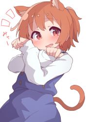 Rule 34 | 1girl, animal ear fluff, animal ears, blue skirt, blue vest, blush, cat ears, commentary request, cowboy shot, crossed arms, dutch angle, fang, hatafuta, hoshino hinata, long sleeves, looking at viewer, medium hair, notice lines, nyan, one side up, open mouth, orange hair, paw pose, red eyes, shirt, sidelocks, skirt, solo, sound effects, tail, translated, vest, watashi ni tenshi ga maiorita!, white shirt