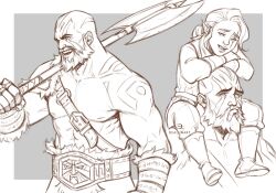 Rule 34 | 1boy, 1girl, abs, armor, arms on head, axe, bare pectorals, battle axe, beard, chest belt, collage, critical role, cropped torso, dea (dealunart), dungeons & dragons, dungeons &amp; dragons, facial hair, greyscale, grog strongjaw, mature male, monochrome, muscular, muscular male, nipples, over shoulder, pauldrons, pectorals, pike trickfoot, pout, short hair, shoulder armor, sideburns, single pauldron, sitting on shoulder, smile, the legend of vox machina, weapon, weapon over shoulder