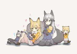 Rule 34 | +++, 10s, 6+girls, :o, puff of air, animal ears, baby, bean bag chair, black gloves, black neckwear, black pantyhose, blonde hair, blue jacket, bow, bowtie, brown eyes, brown gloves, carrying, child, child carry, closed eyes, extra ears, ezo red fox (kemono friends), fox ears, fox tail, fur-trimmed sleeves, fur trim, gloves, grey hair, handheld game console, highres, if they mated, implied yuri, ips cells, jacket, kemono friends, long hair, mother and daughter, multiple girls, musical note, omucchan (omutyuan), orange jacket, pantyhose, playing games, reclining, silver fox (kemono friends), skirt, sleeping, tail, white legwear, white neckwear, white skirt, zzz