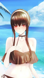 Rule 34 | 1girl, absurdres, bare shoulders, beach, bikini, black bikini, black choker, black hair, blue sky, breasts, choker, cleavage, closed mouth, cloud, collarbone, commission, day, earrings, gold earrings, hain (user katu7583), hairband, highres, jewelry, large breasts, long hair, looking at viewer, navel, ocean, outdoors, red eyes, resolution mismatch, short hair with long locks, sidelocks, sky, solo, source smaller, spy x family, stomach, swimsuit, upper body, wavy mouth, white hairband, yor briar