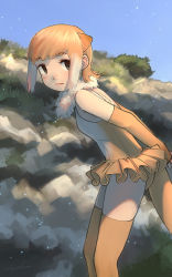 Rule 34 | 1girl, animal ears, arms behind back, bare shoulders, black eyes, commentary, elbow gloves, empty eyes, expressionless, extra ears, fur collar, gloves, highres, japanese otter (kemono friends), kemono friends, leaning forward, looking at viewer, multicolored hair, one-piece swimsuit, orange hair, otter ears, outdoors, solo, swimsuit, swimsuit skirt, tail, thighhighs, two-tone hair, welt (kinsei koutenkyoku), white hair