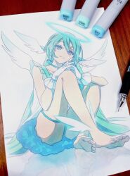 Rule 34 | 1girl, aqua eyes, aqua hair, barefoot, electric angel (vocaloid), gloves, halo, hatsune miku, highres, pato (ptro), photo (medium), reflection, sitting, solo, thigh strap, traditional media, vocaloid, white gloves, wings