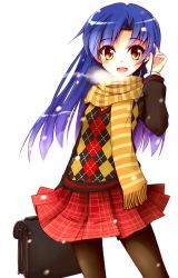 Rule 34 | 00s, 1girl, :d, adjusting hair, argyle, argyle clothes, argyle sweater, bag, blue hair, breath, briefcase, college of angel (idolmaster), idolmaster, idolmaster (classic), kisaragi chihaya, long hair, looking at viewer, necktie, npon515, open mouth, orange scarf, pantyhose, plaid, plaid skirt, scarf, school bag, school uniform, skirt, smile, solo, striped clothes, striped scarf, sweater, white background, yellow eyes