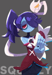 Rule 34 | 1girl, black nails, blue hair, blue skin, character name, colored skin, detached collar, dress, grey background, hair over one eye, half-closed eyes, highres, leviathan (skullgirls), nail polish, red eyes, side ponytail, skullgirls, solo, squigly (skullgirls), stitched mouth, stitches, striped sleeves, zettonamo888, zombie