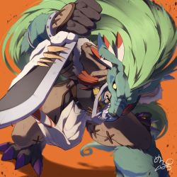 Rule 34 | 1boy, artist request, digimon, digimon (creature), highres, holding, holding weapon, long hair, looking at viewer, mask, mercurymon, monster boy, muscular, olympos xii, orange background, pectorals, shaman, weapon, wolf mask