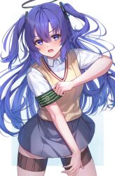 Rule 34 | 1girl, armband, blue archive, brown sweater vest, collared shirt, commentary request, cosplay, green armband, grey skirt, halo, highres, holster, long hair, needle, pleated skirt, pose imitation, primamiya, purple eyes, purple hair, safety pin, school uniform, shirai kuroko, shirai kuroko (cosplay), shirt, short sleeves, simple background, skirt, solo, summer uniform, sweater vest, thigh holster, throwing needles, tokiwadai school uniform, two side up, white shirt, yuuka (blue archive)