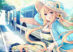 Rule 34 | 1girl, :d, arm up, azu torako, banned artist, blonde hair, blue eyes, blue jacket, blush, breasts, brown hat, bus, bus stop, cleavage, commentary request, dress, floral print, flower, frilled dress, frilled jacket, frilled sleeves, frills, hair between eyes, hat, hat flower, jacket, long hair, long sleeves, looking at viewer, medium breasts, motor vehicle, open clothes, open jacket, open mouth, original, pixiv id, print dress, railing, smile, solo, sun hat, sunflower, twitter username, very long hair, watermark, web address, white dress, yellow flower