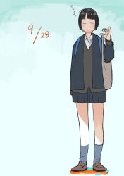 Rule 34 | 1girl, absurdres, arm at side, arm up, bag, blue background, blue jacket, blue legwear, blue skirt, brown bag, brown footwear, dated, dreaming, closed eyes, full body, highres, holding strap, jacket, loafers, long sleeves, open clothes, open jacket, original, pleated skirt, shoes, simple background, skirt, socks, standing, turquoise iro, wing collar